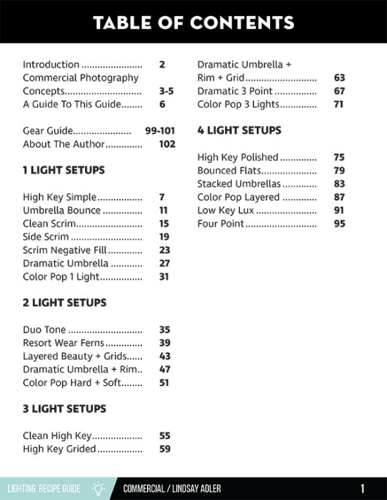 Commercial Lighting Guide - Lindsay Adler Photography - table of contents