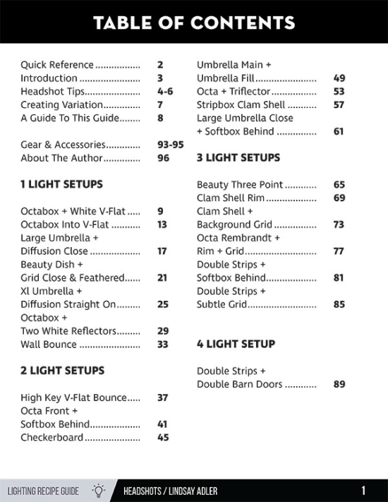 Headshot Lighting Recipe Guide - Lindsay Adler Photography - table of contents